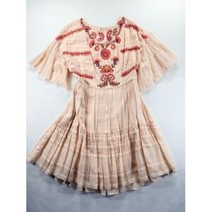 NEW Ranna Gill Anthropologie Embroidered Boho Tiered Dress Pink L